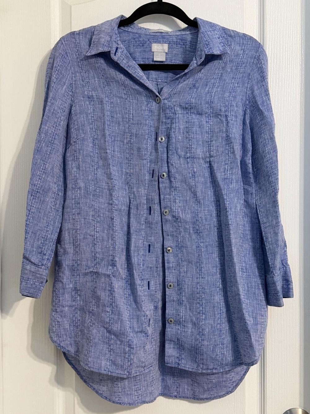 Chico's Blue Patterned 100% Linen Quiet Luxury Button Down Shirt Sz 0 (US 4)
